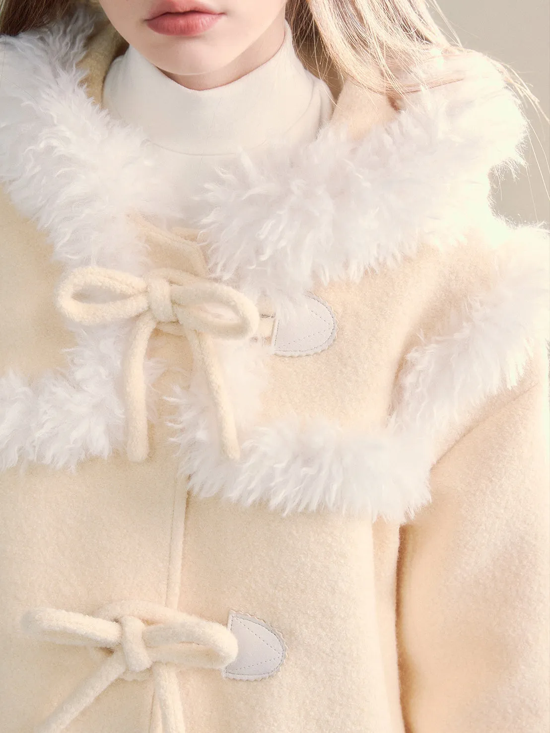 Fur Stitch Girly Bow Button Hooded Coat