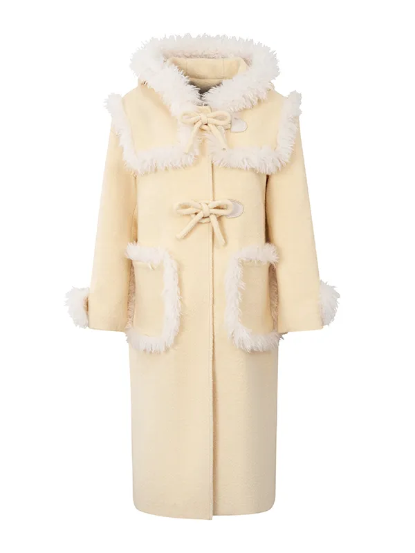 Fur Stitch Girly Bow Button Hooded Coat