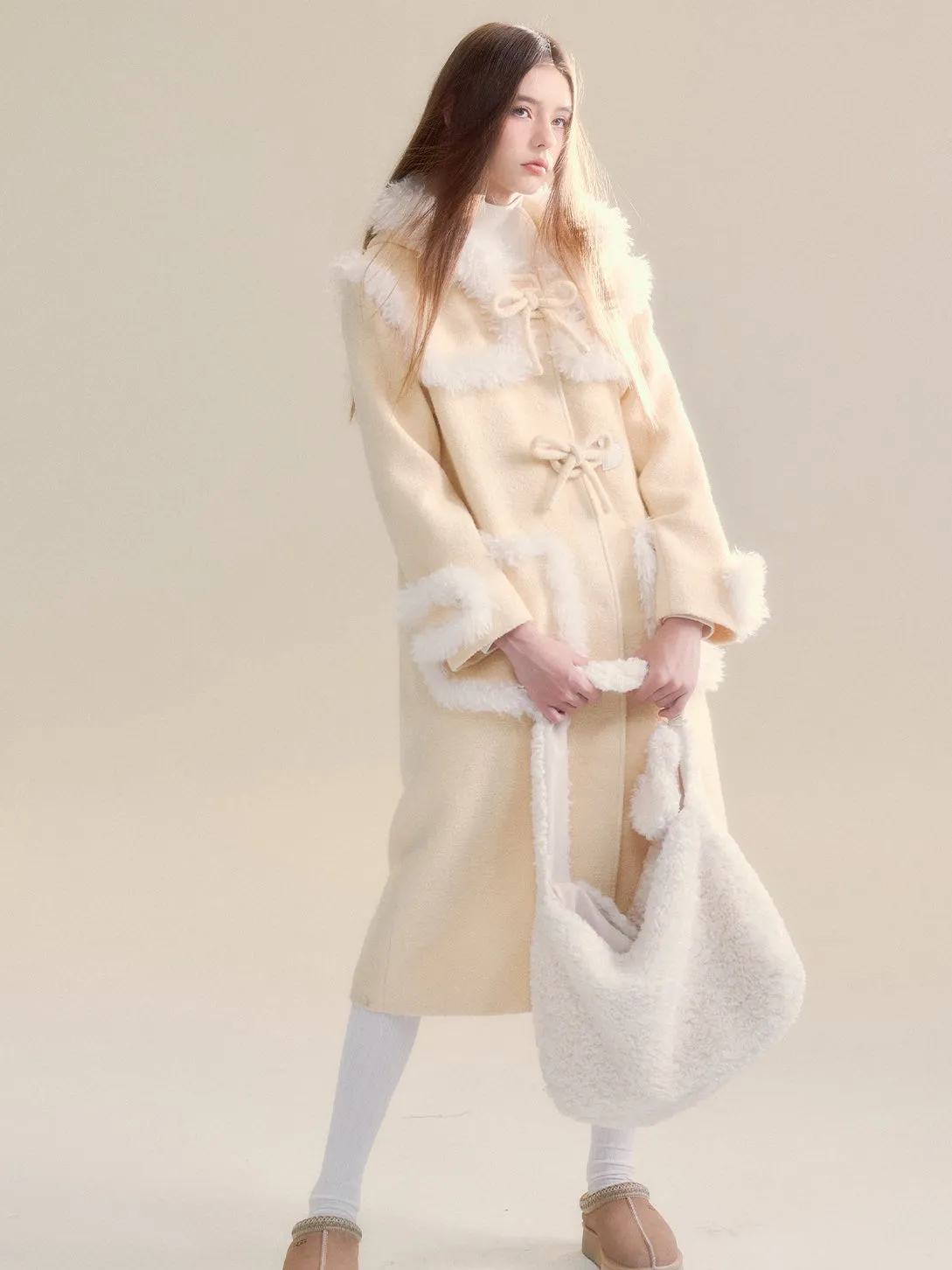 Fur Stitch Girly Bow Button Hooded Coat