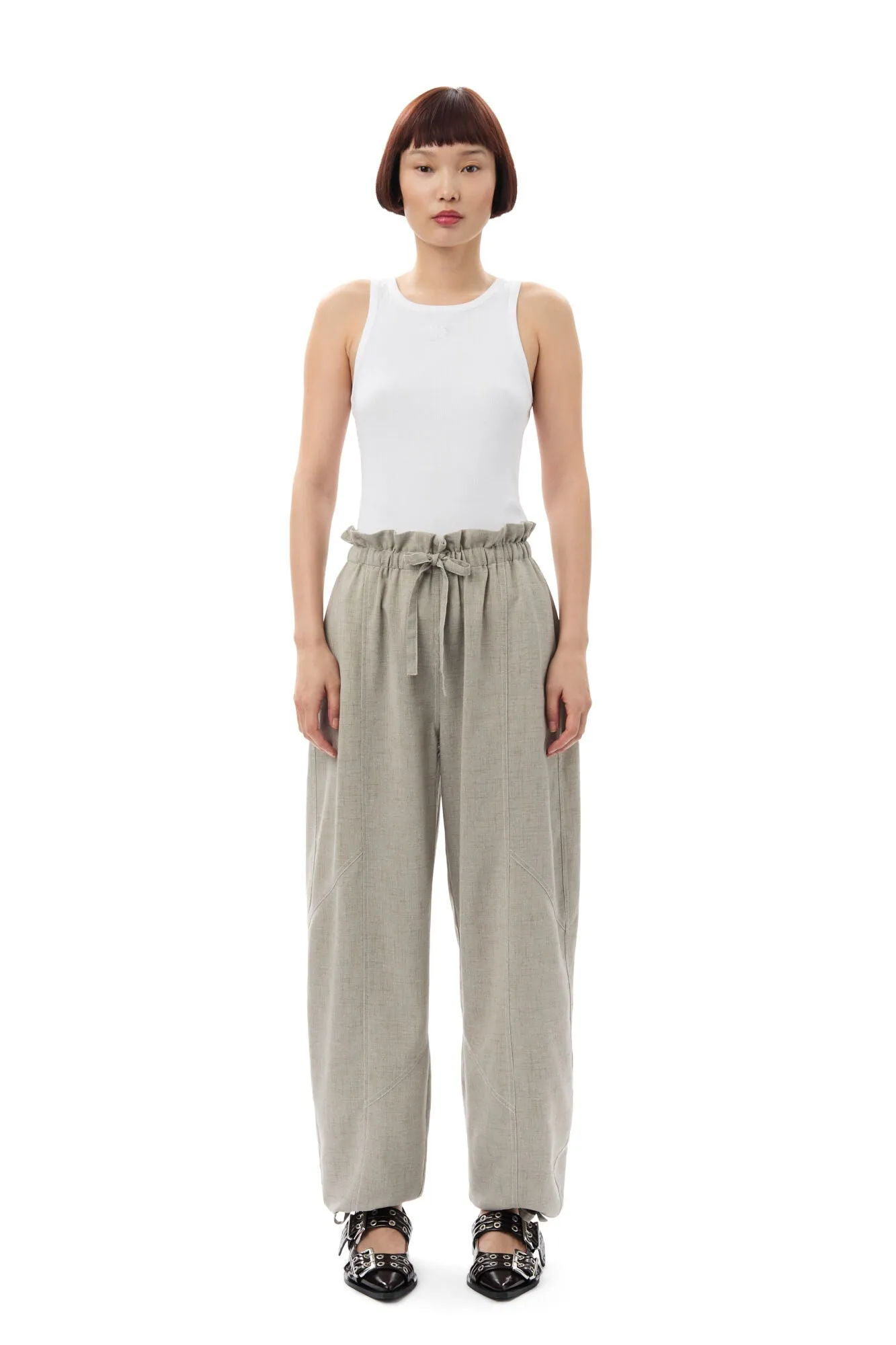 Ganni Light Melange Suiting Elasticated Waist Pants in Alfalfa