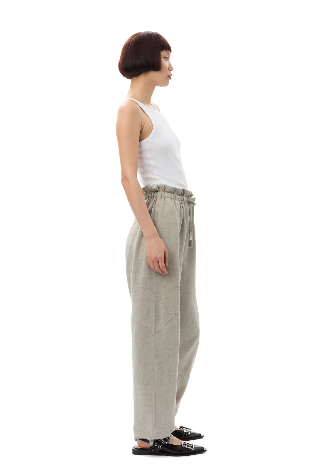 Ganni Light Melange Suiting Elasticated Waist Pants in Alfalfa