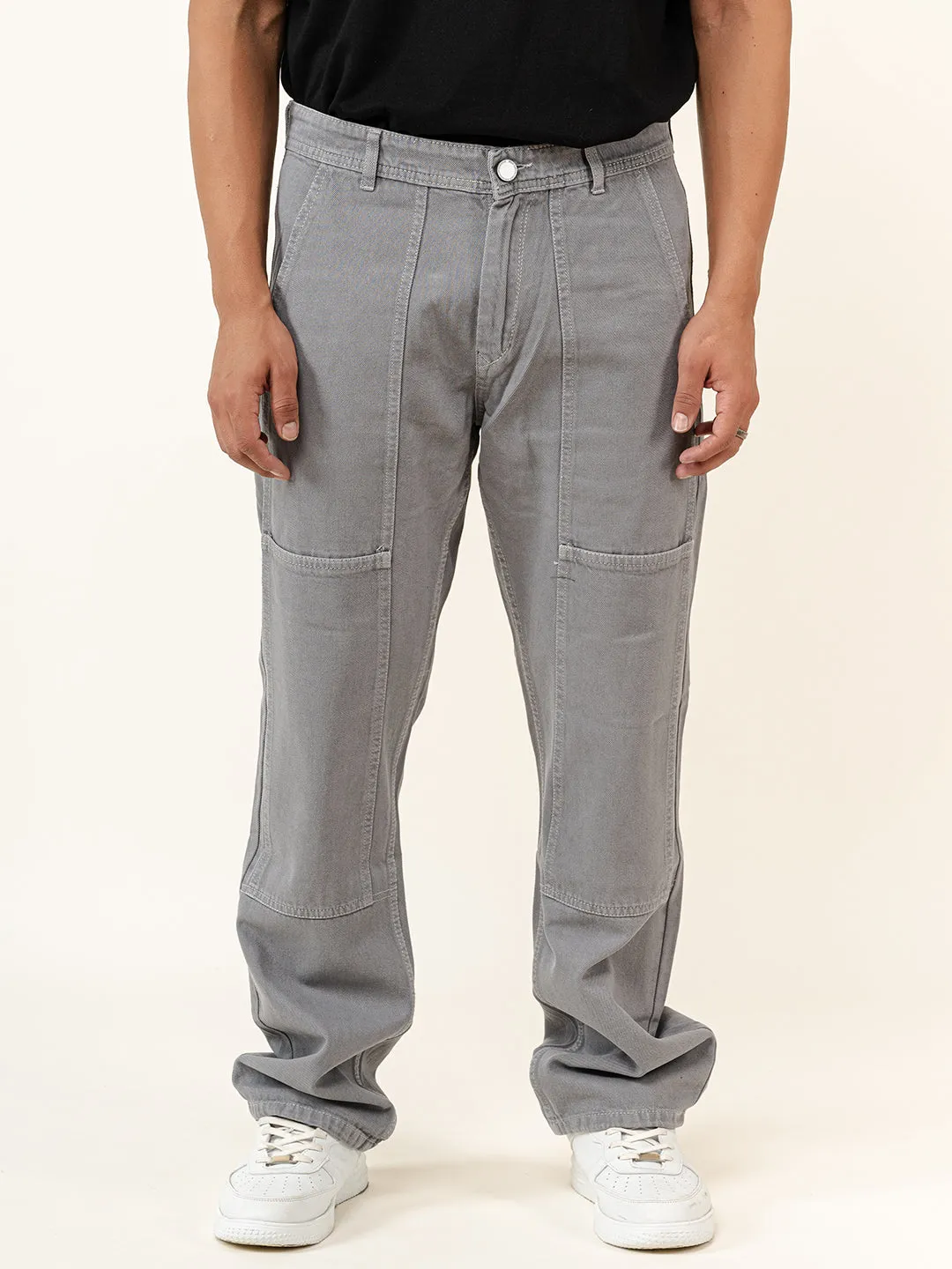 Grey Flared Straight Fit Denim Cargo Jeans