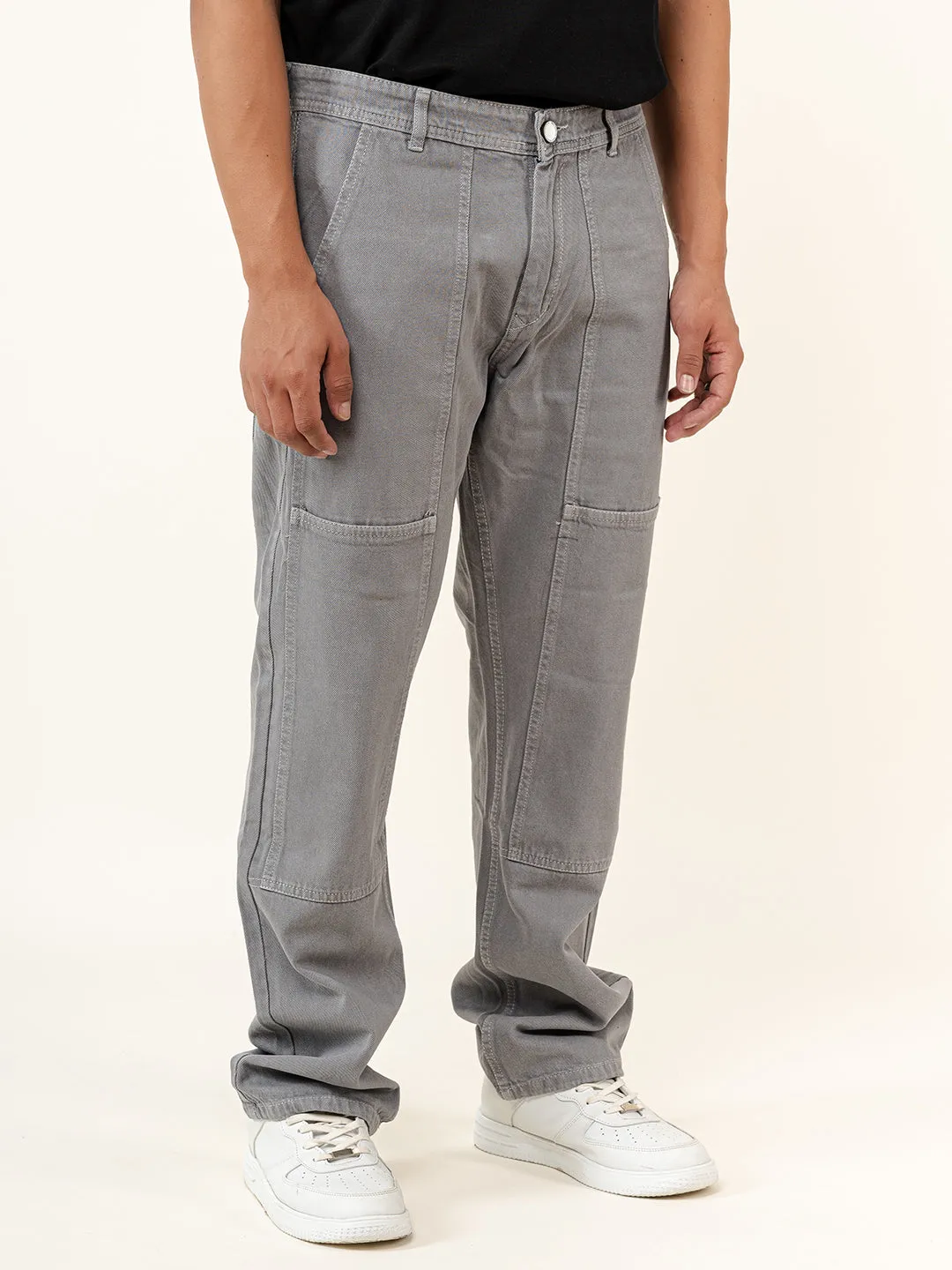 Grey Flared Straight Fit Denim Cargo Jeans