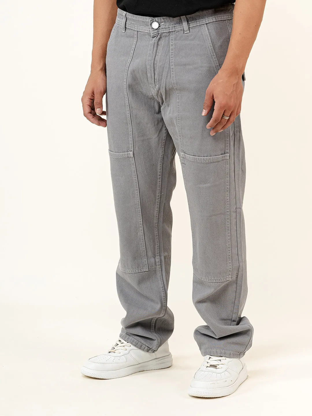 Grey Flared Straight Fit Denim Cargo Jeans