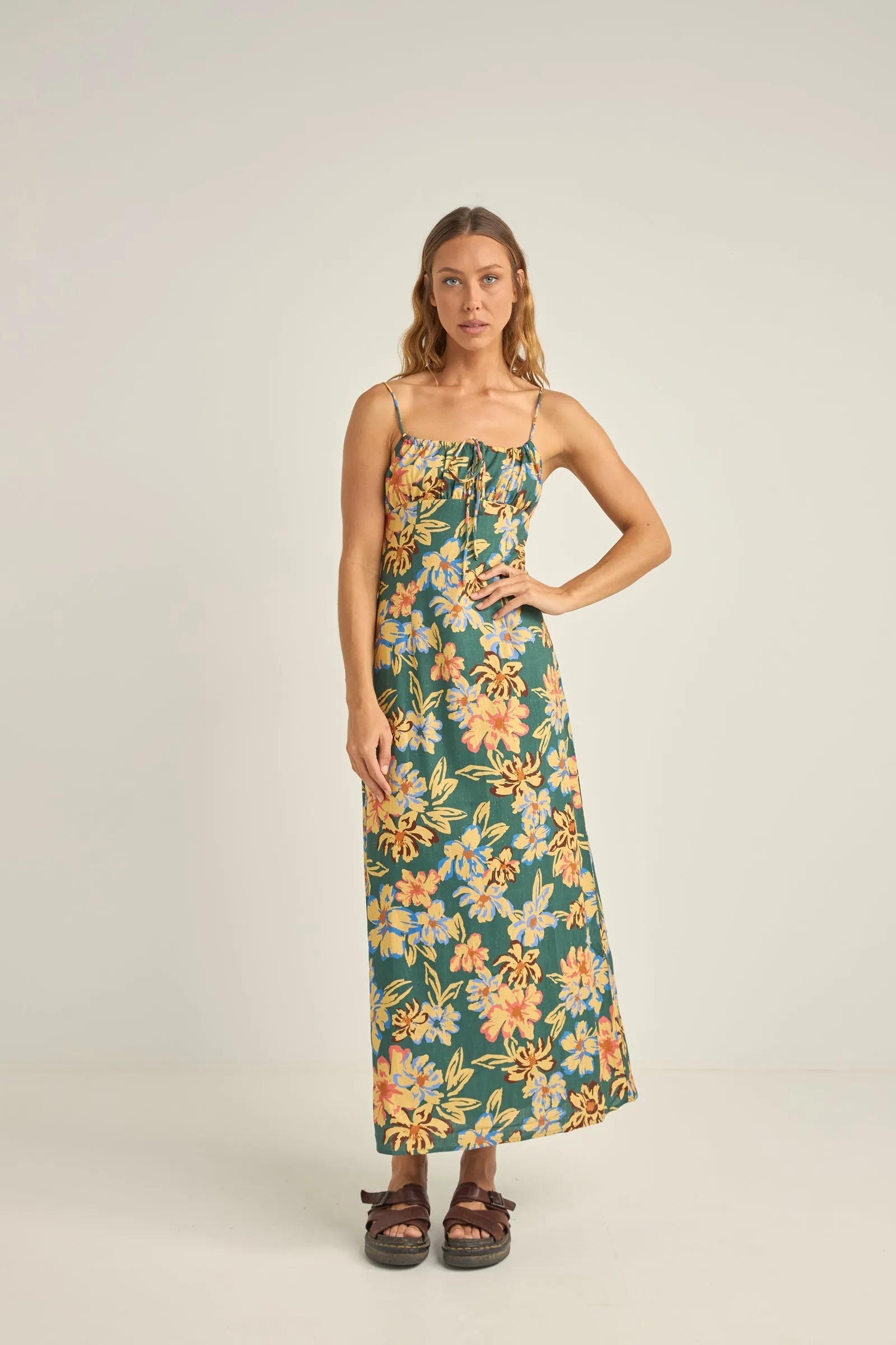 Hawaiian Floral Gathered Maxi Dress Jungle