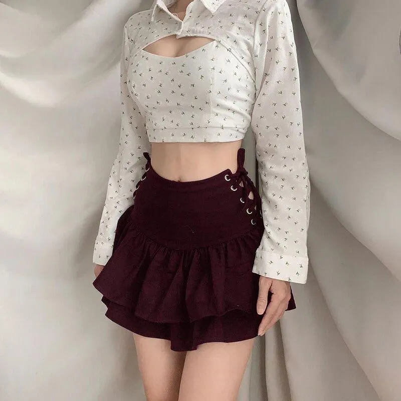 High Waist Lace Plaid Pleated Gothic Mini Skirt