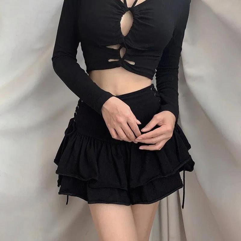 High Waist Lace Plaid Pleated Gothic Mini Skirt