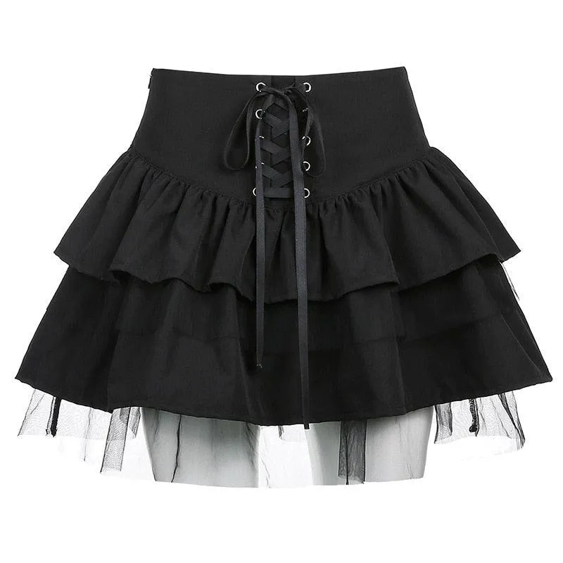 High Waist Lace Plaid Pleated Gothic Mini Skirt