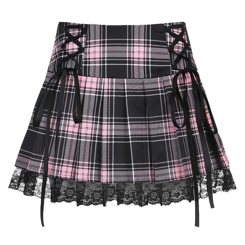 High Waist Lace Plaid Pleated Gothic Mini Skirt