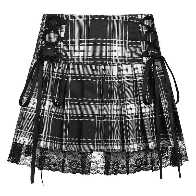 High Waist Lace Plaid Pleated Gothic Mini Skirt