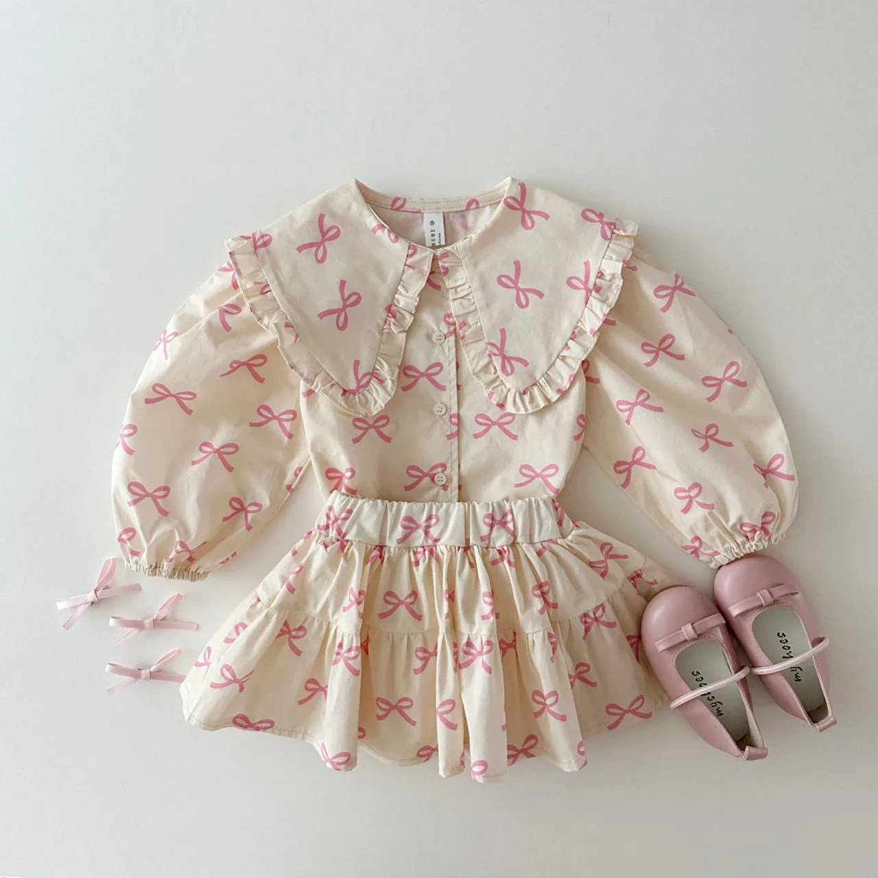 Kids Big Collar Puff Sleeve Top and Skirted Shorts Set (1-5y) - Pink Bow Print