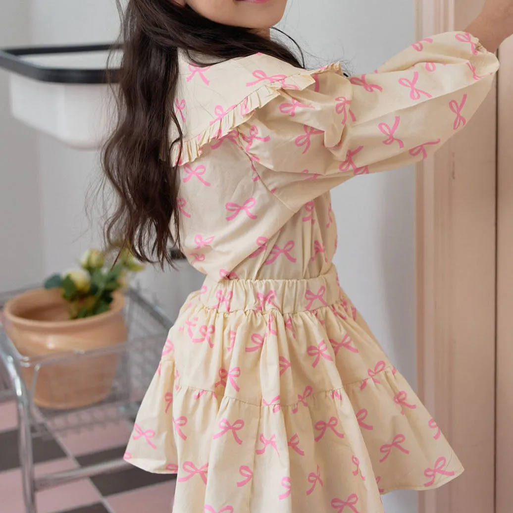 Kids Big Collar Puff Sleeve Top and Skirted Shorts Set (1-5y) - Pink Bow Print