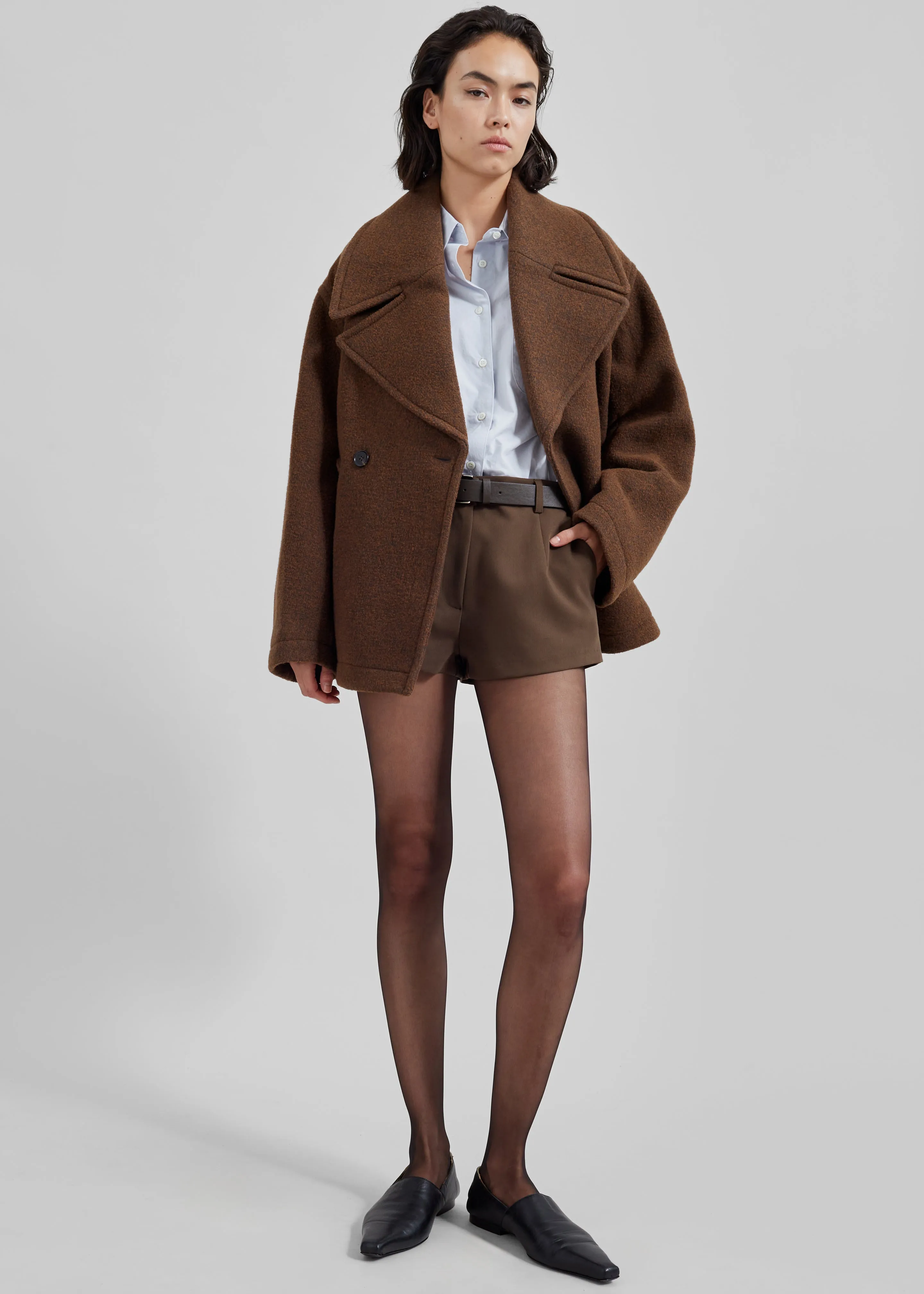 Low Classic Wool Wide Collar Coat - Brown