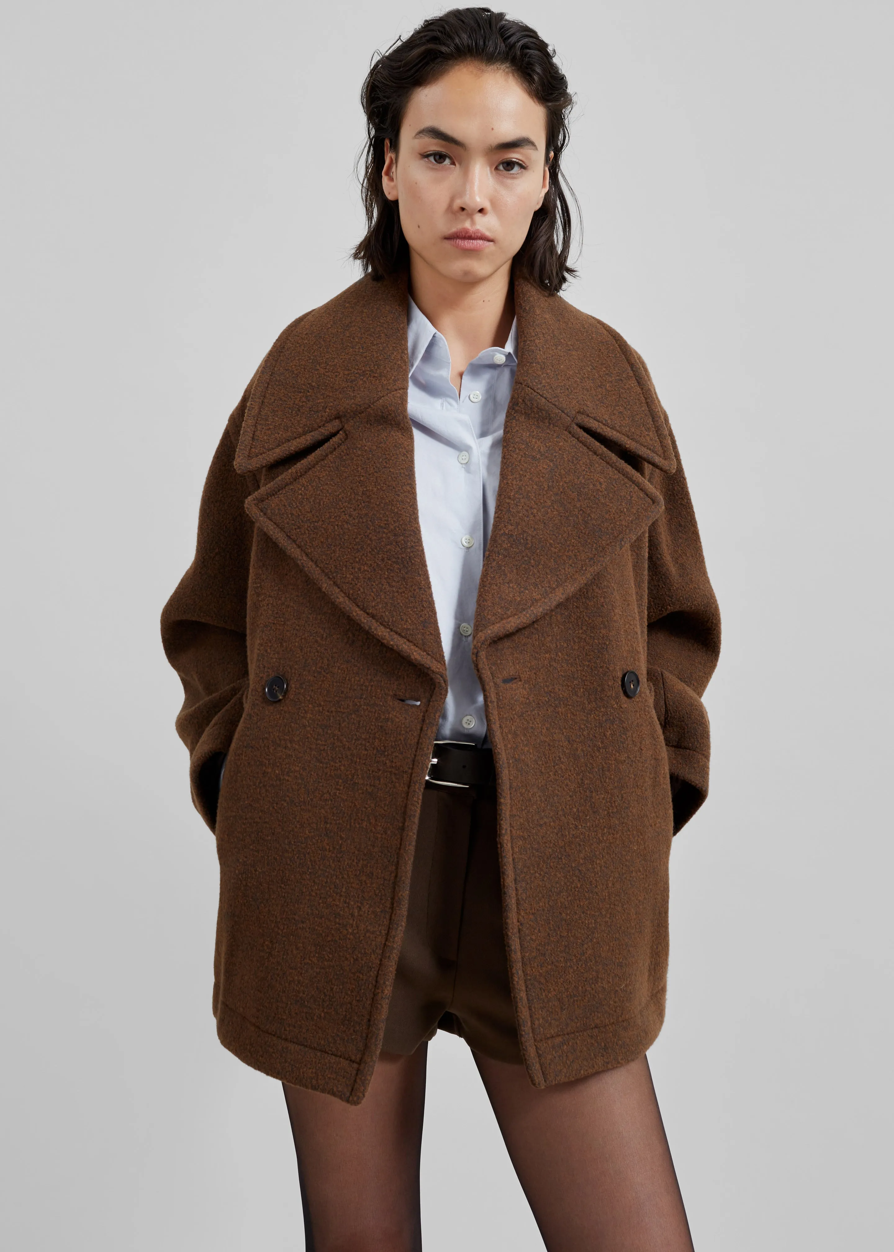 Low Classic Wool Wide Collar Coat - Brown