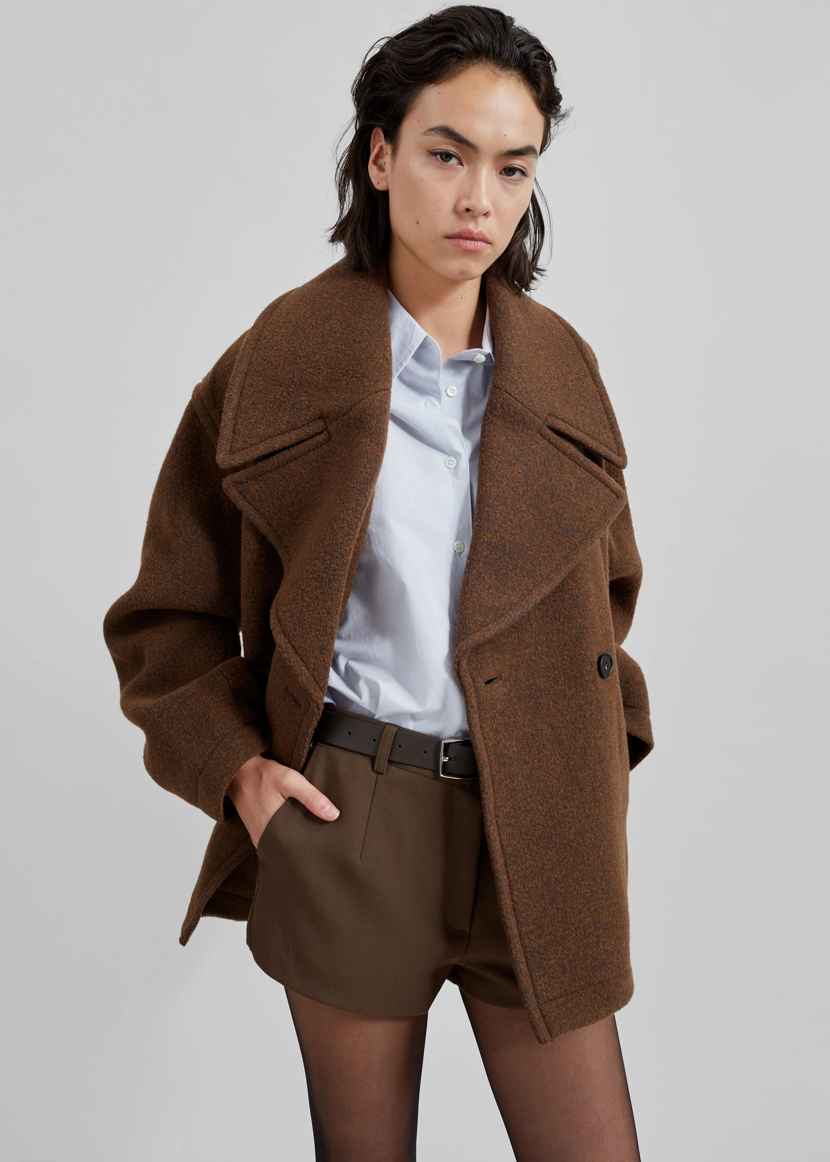 Low Classic Wool Wide Collar Coat - Brown