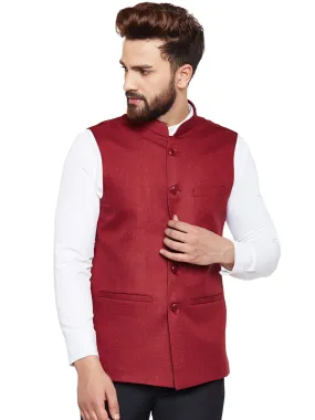 Men Maroon Solid Slim Fit Formal Nehru Jacket