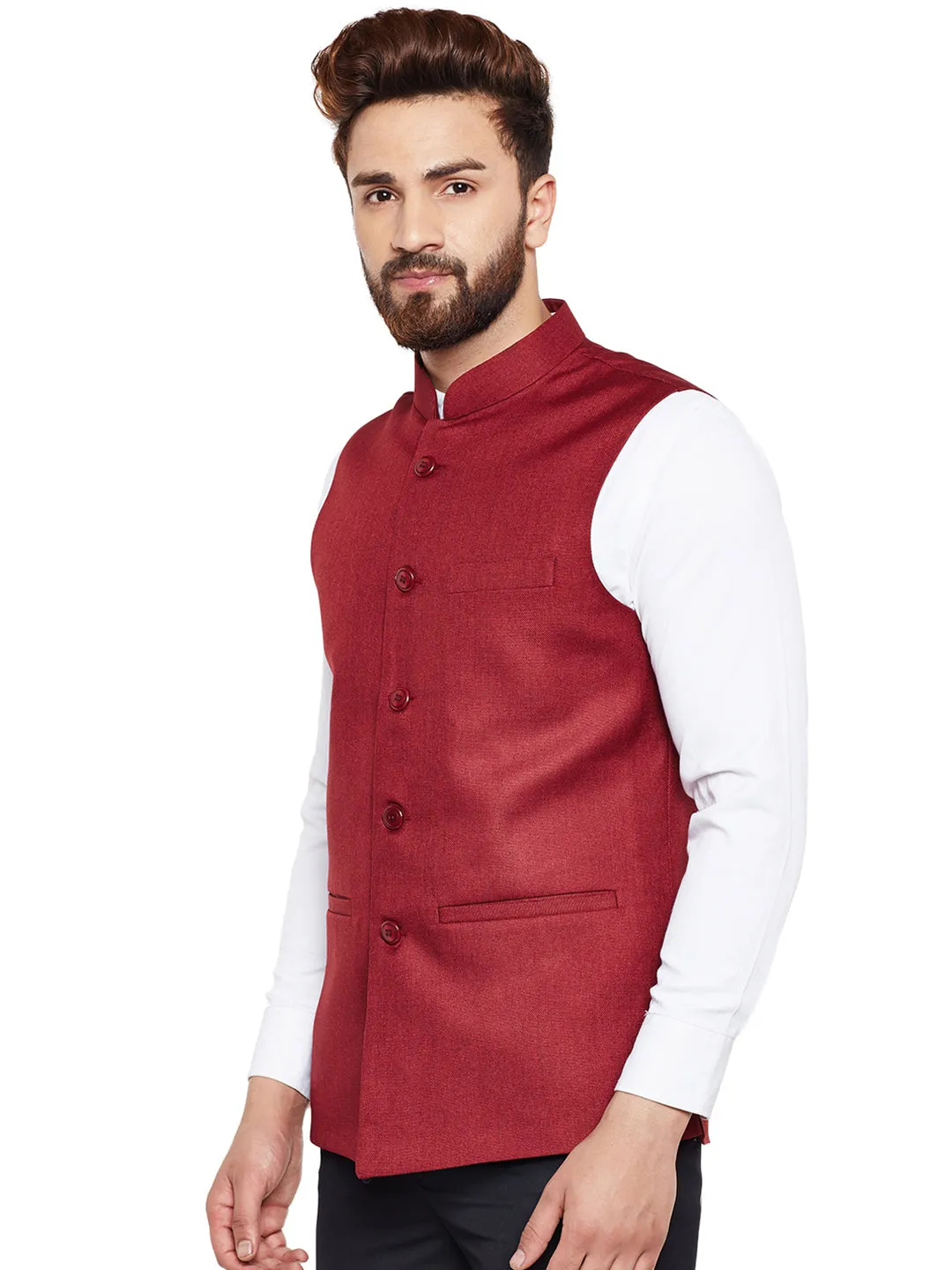 Men Maroon Solid Slim Fit Formal Nehru Jacket