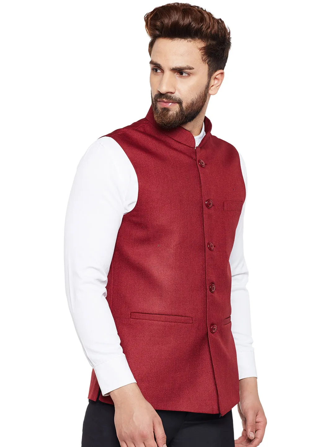 Men Maroon Solid Slim Fit Formal Nehru Jacket