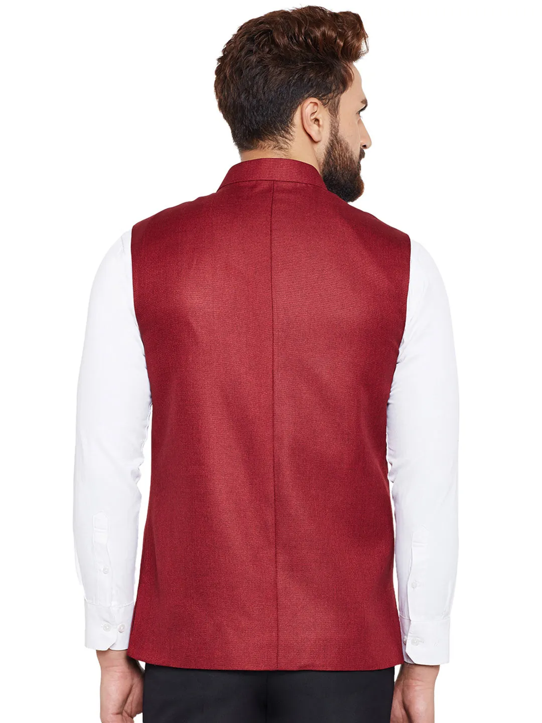 Men Maroon Solid Slim Fit Formal Nehru Jacket