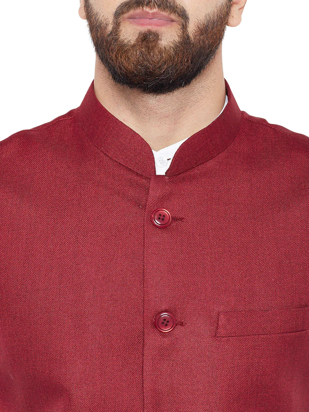 Men Maroon Solid Slim Fit Formal Nehru Jacket