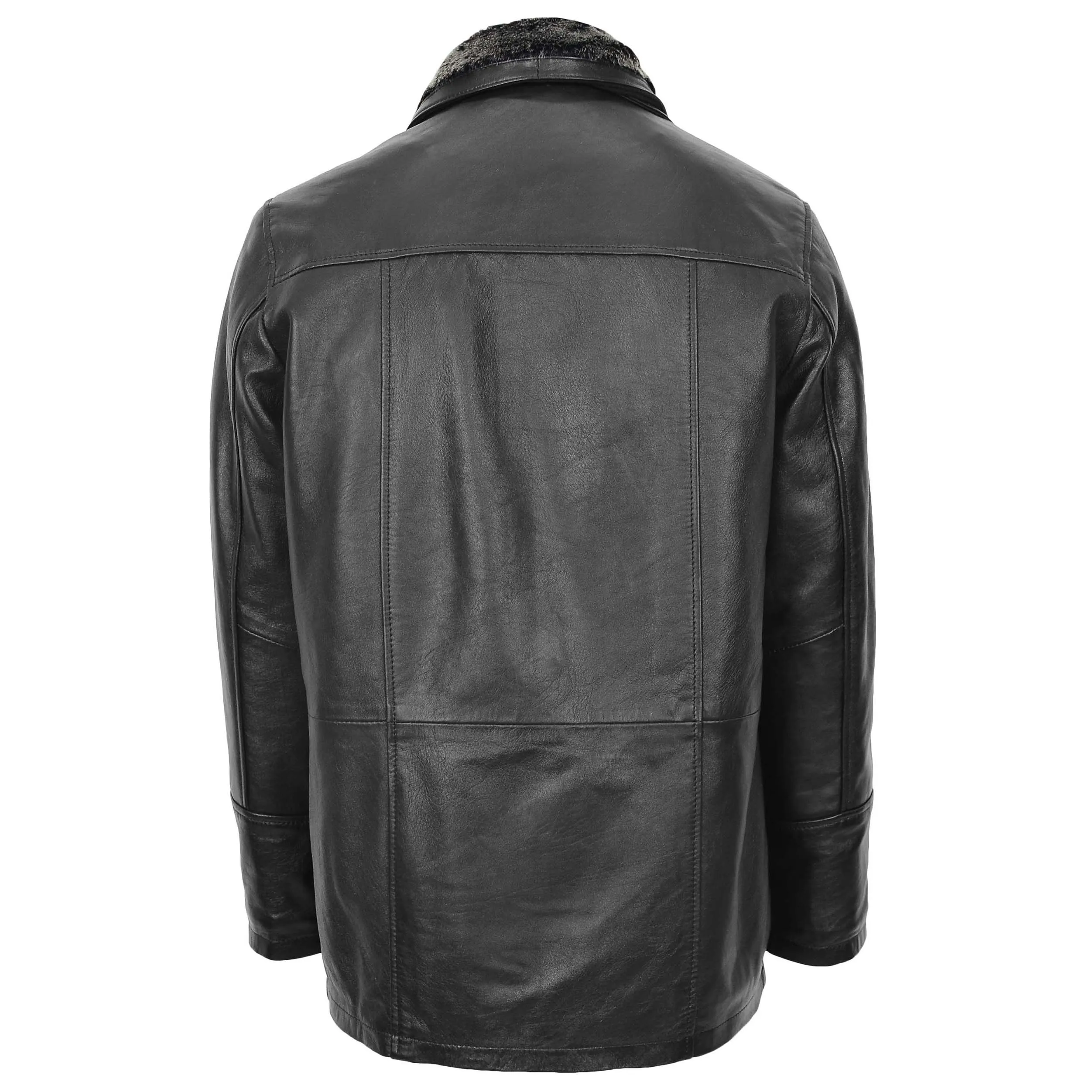 Mens Leather Classic Coat Detachable Collar Roman Black