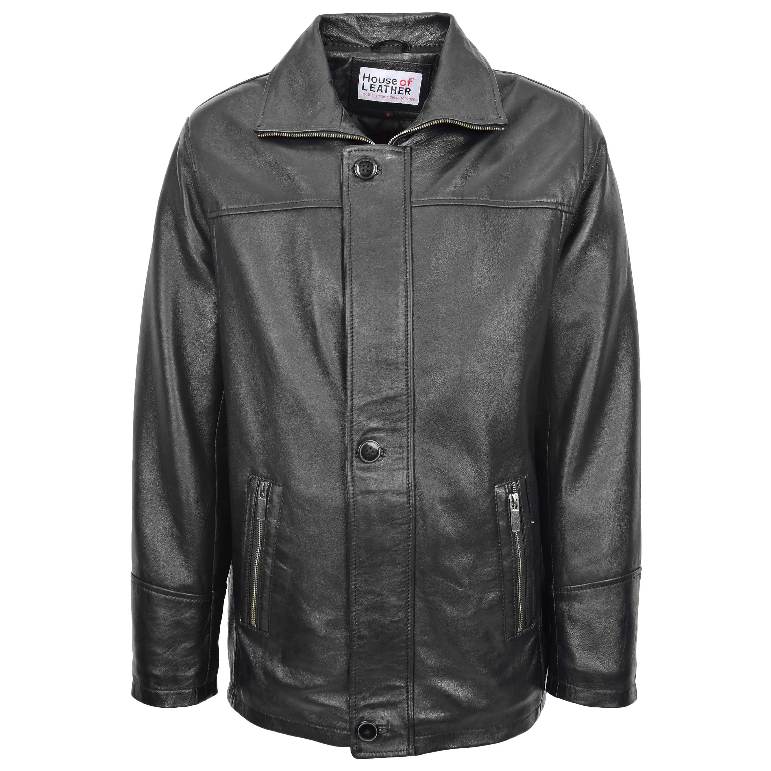 Mens Leather Classic Coat Detachable Collar Roman Black