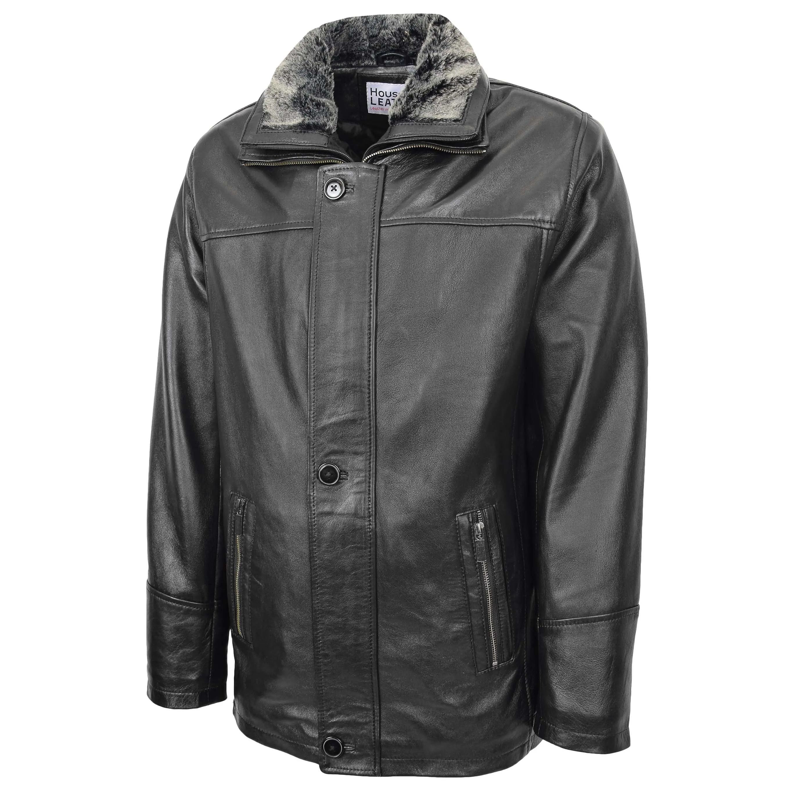 Mens Leather Classic Coat Detachable Collar Roman Black