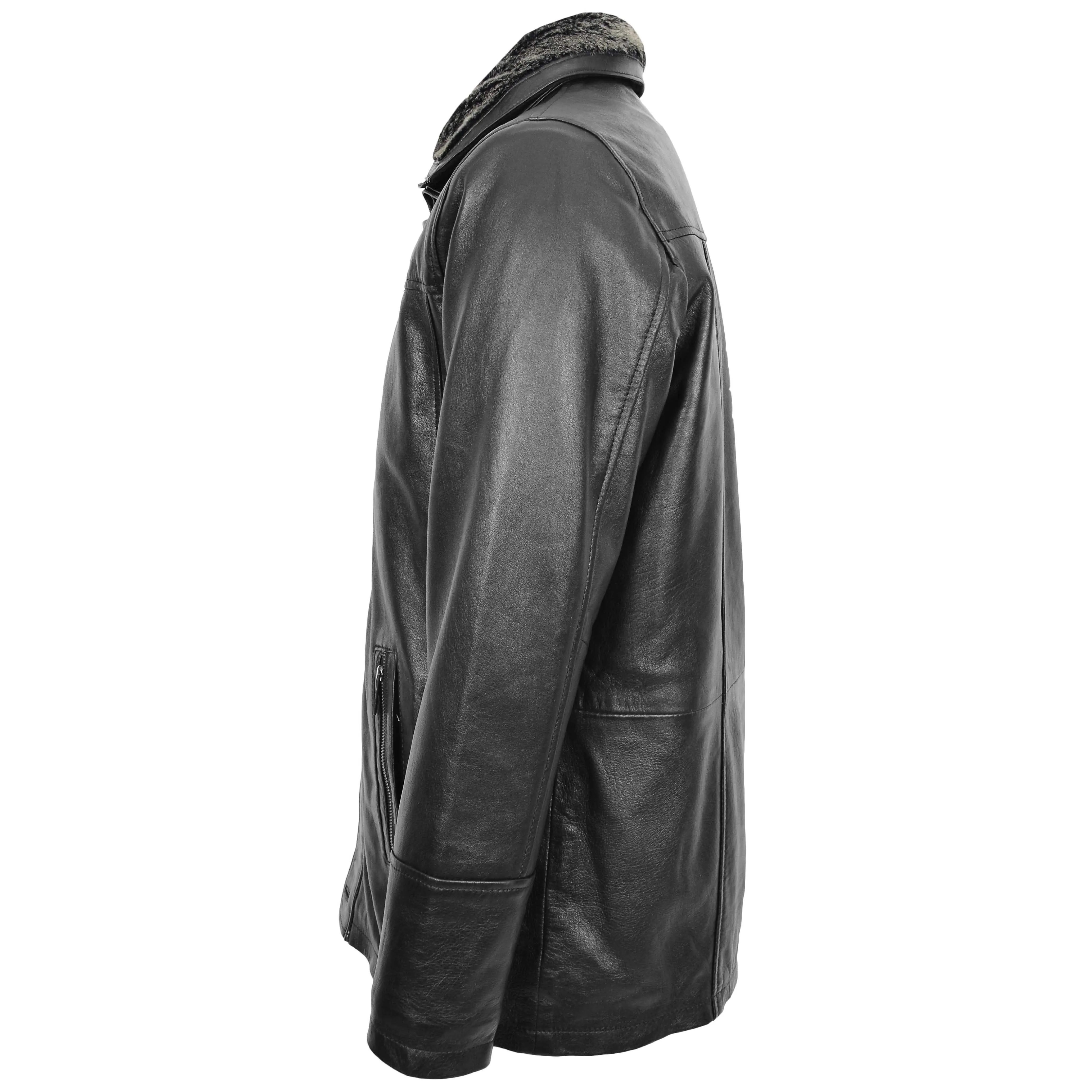 Mens Leather Classic Coat Detachable Collar Roman Black