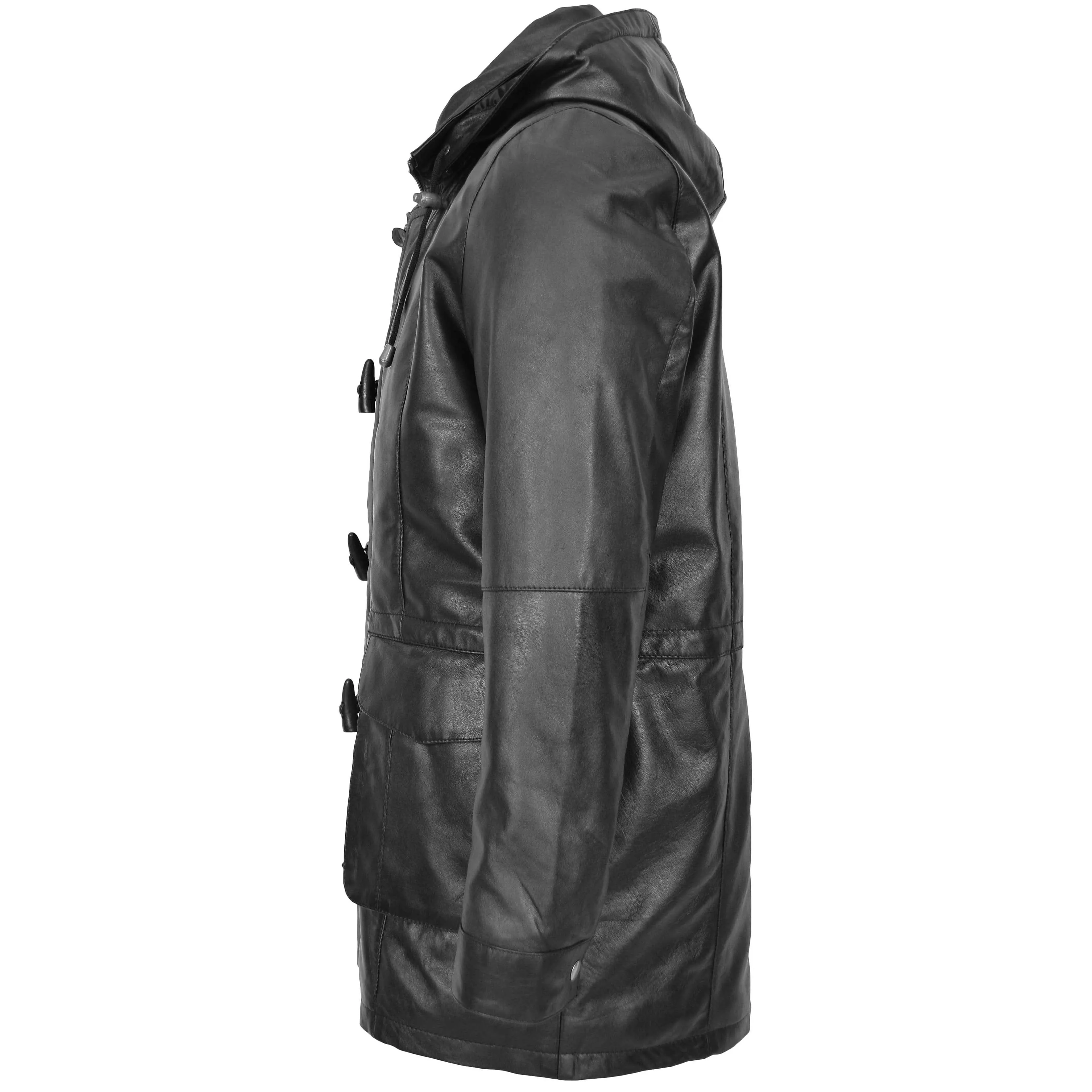 Mens Leather Duffle Coat with Hoodie Jack Black