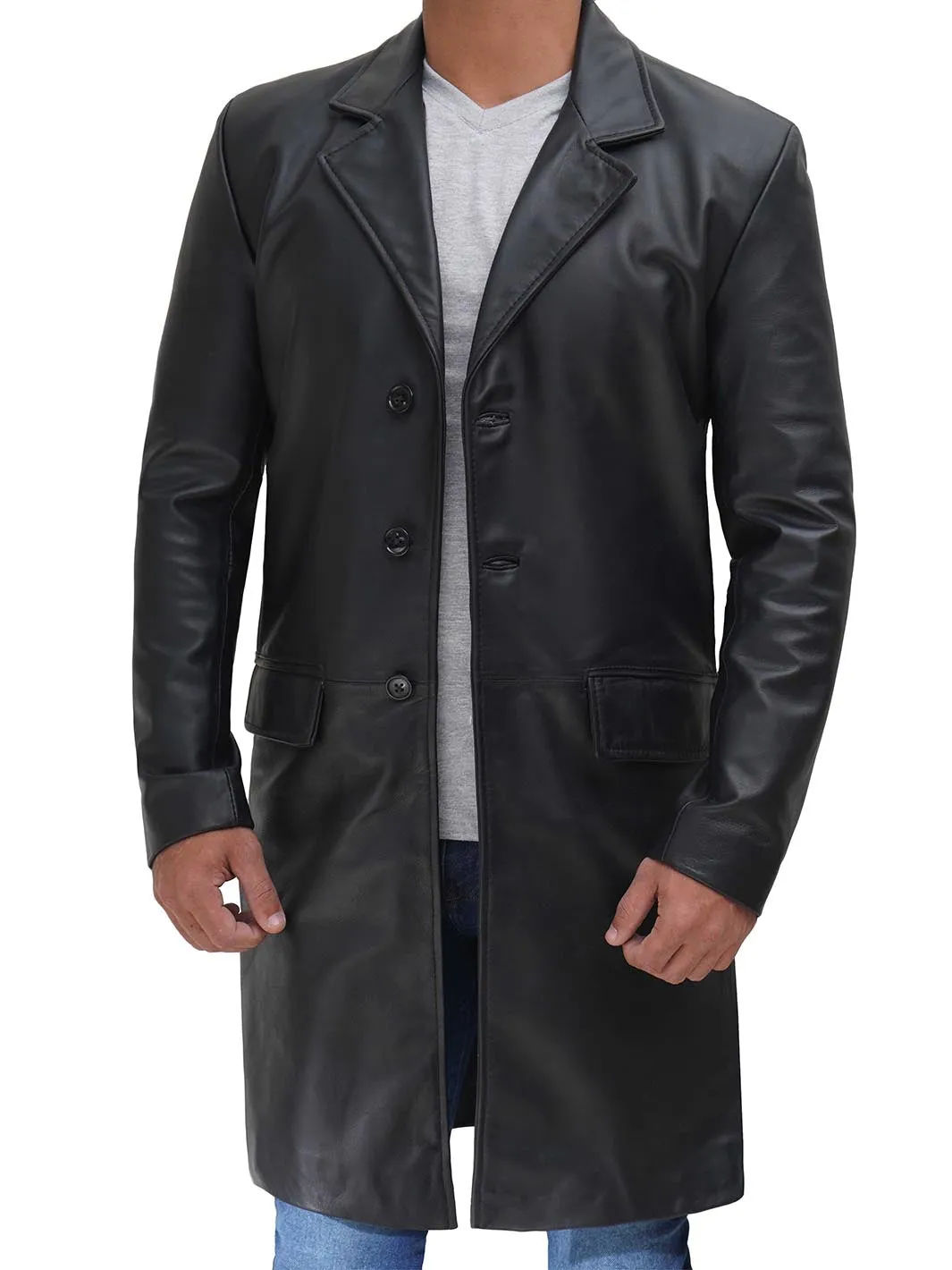 Men's Long Black Real Leather Trench Coat - Classic Walking Coat