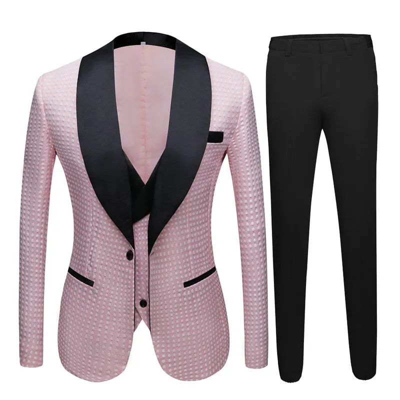 Men's Pink Black Slim Fit Tuxedos Blazer Vest Pants Three-Piece Suit