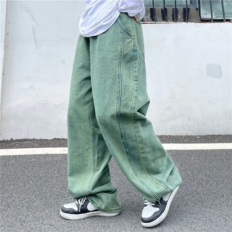 Men's Retro Cowboy Relaxed Tapered Slacks Denim Straight Leg Pants