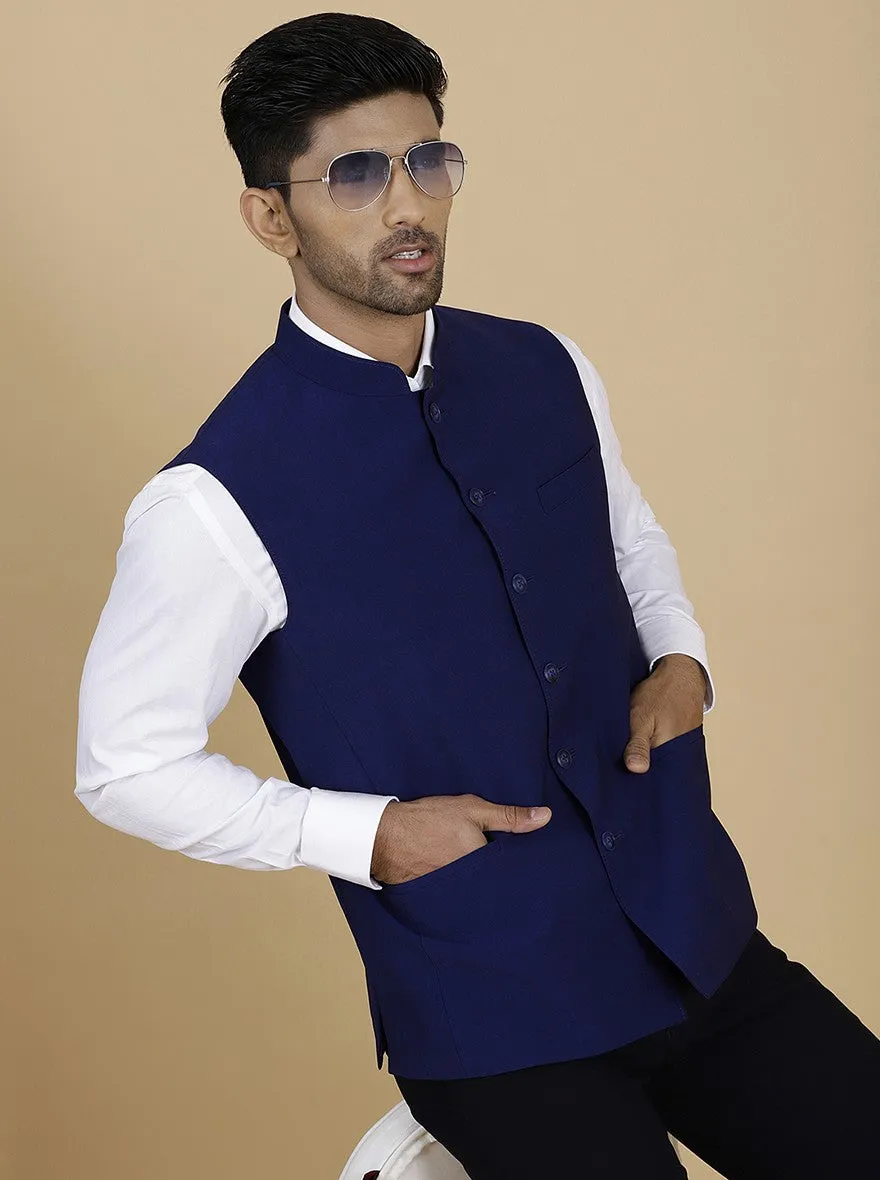 Navy Blue Solid Regular Fit Modi Jacket | JadeBlue