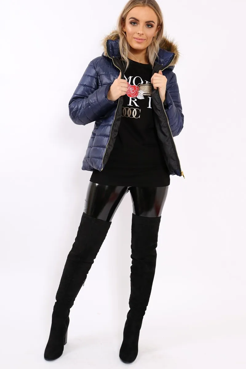 Navy Shiny Puffer Coat with Fur Hood - Idy