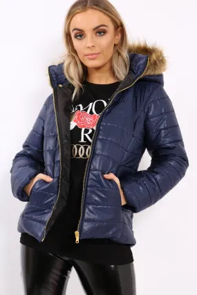 Navy Shiny Puffer Coat with Fur Hood - Idy