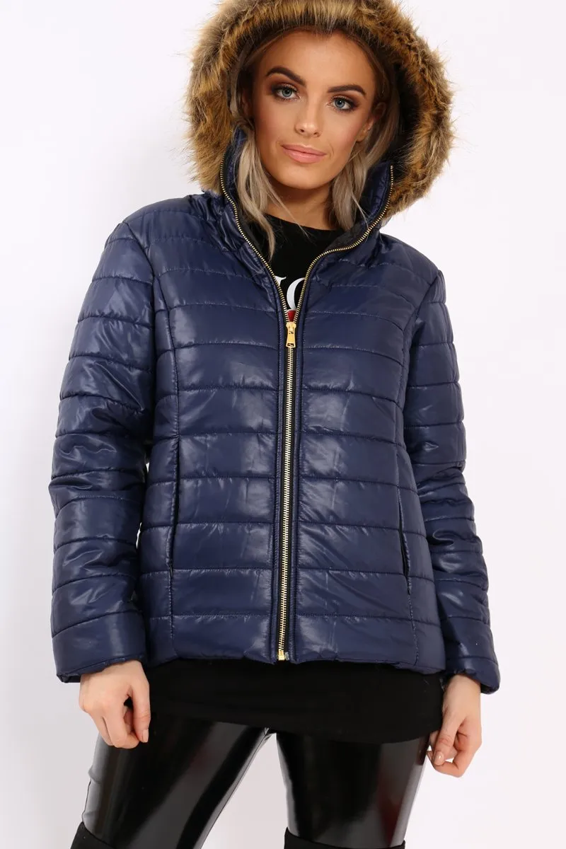 Navy Shiny Puffer Coat with Fur Hood - Idy