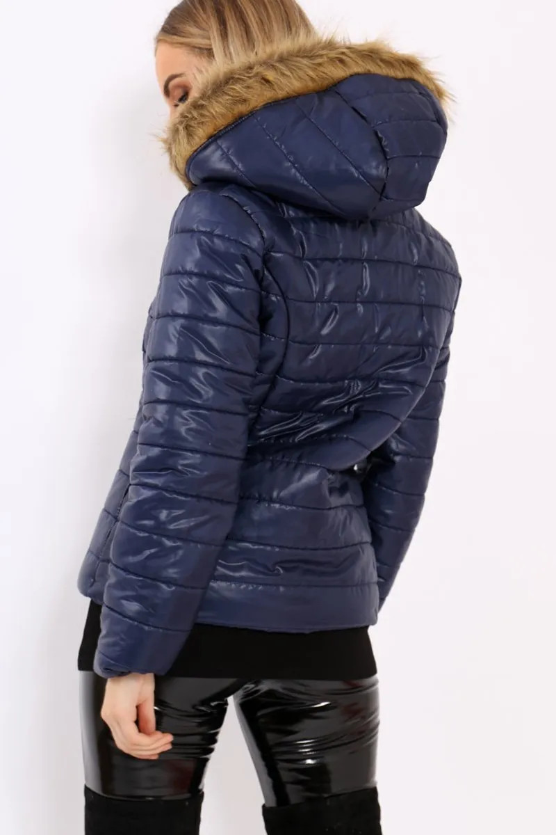 Navy Shiny Puffer Coat with Fur Hood - Idy