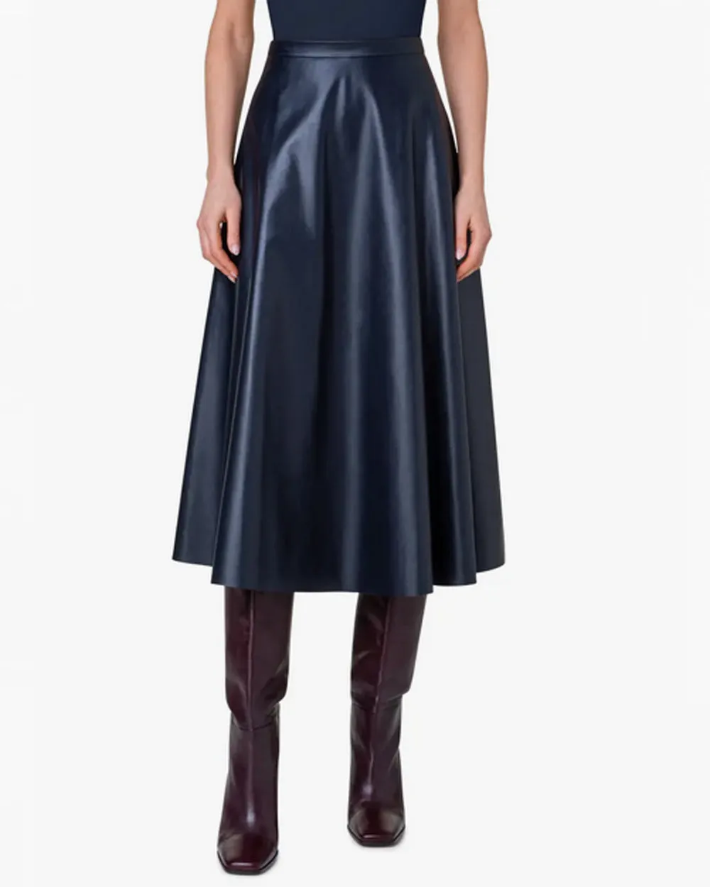 Navy Vegan Leather Midi Skirt