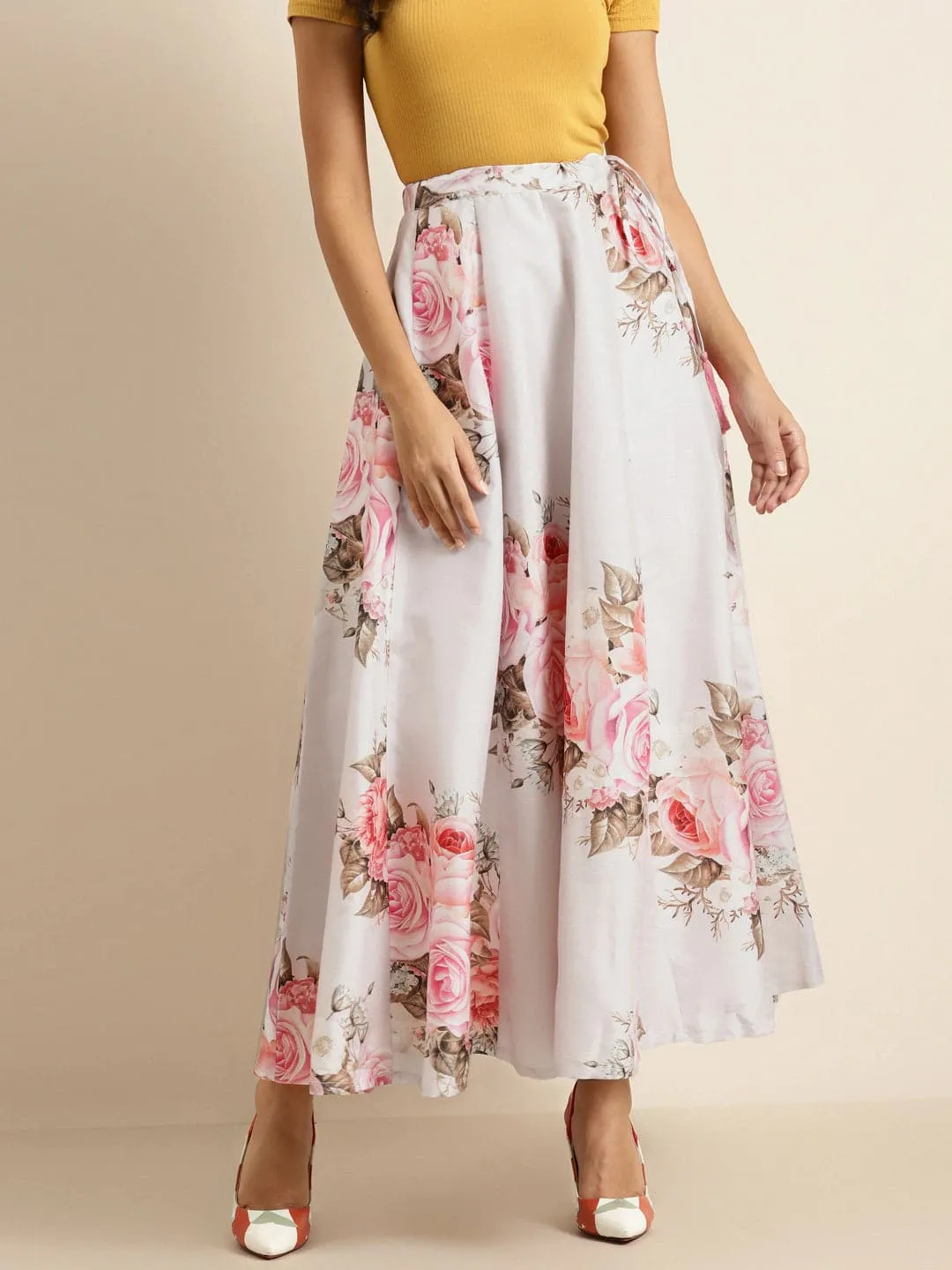 Nude Floral Anarkali Skirt