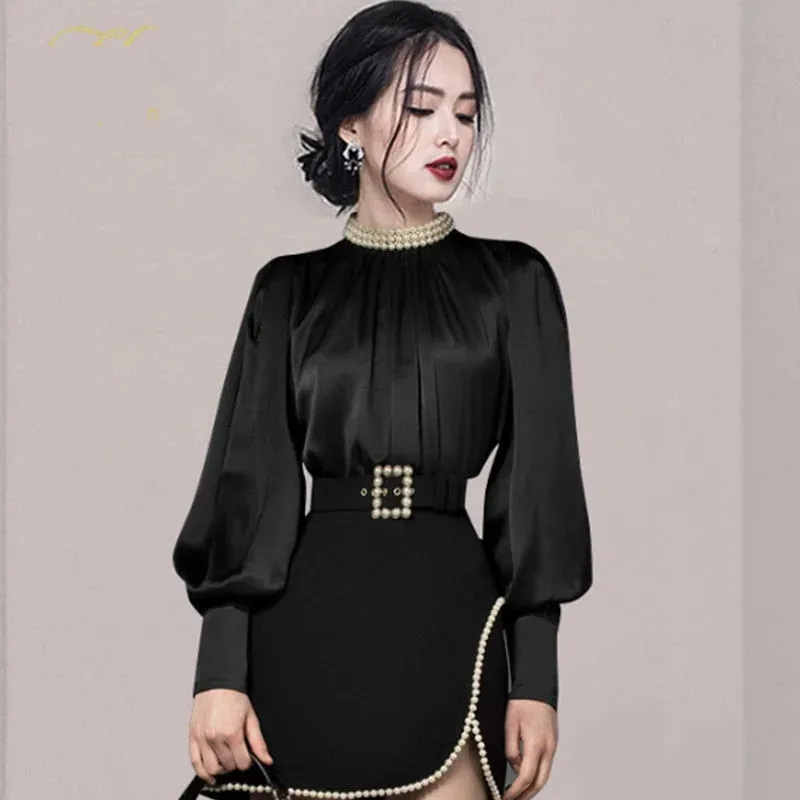 Office Ladies Lantern Sleeve Top High Waist Bodycon Pencil Skirts Set