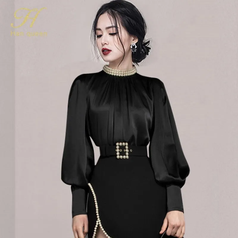 Office Ladies Lantern Sleeve Top High Waist Bodycon Pencil Skirts Set