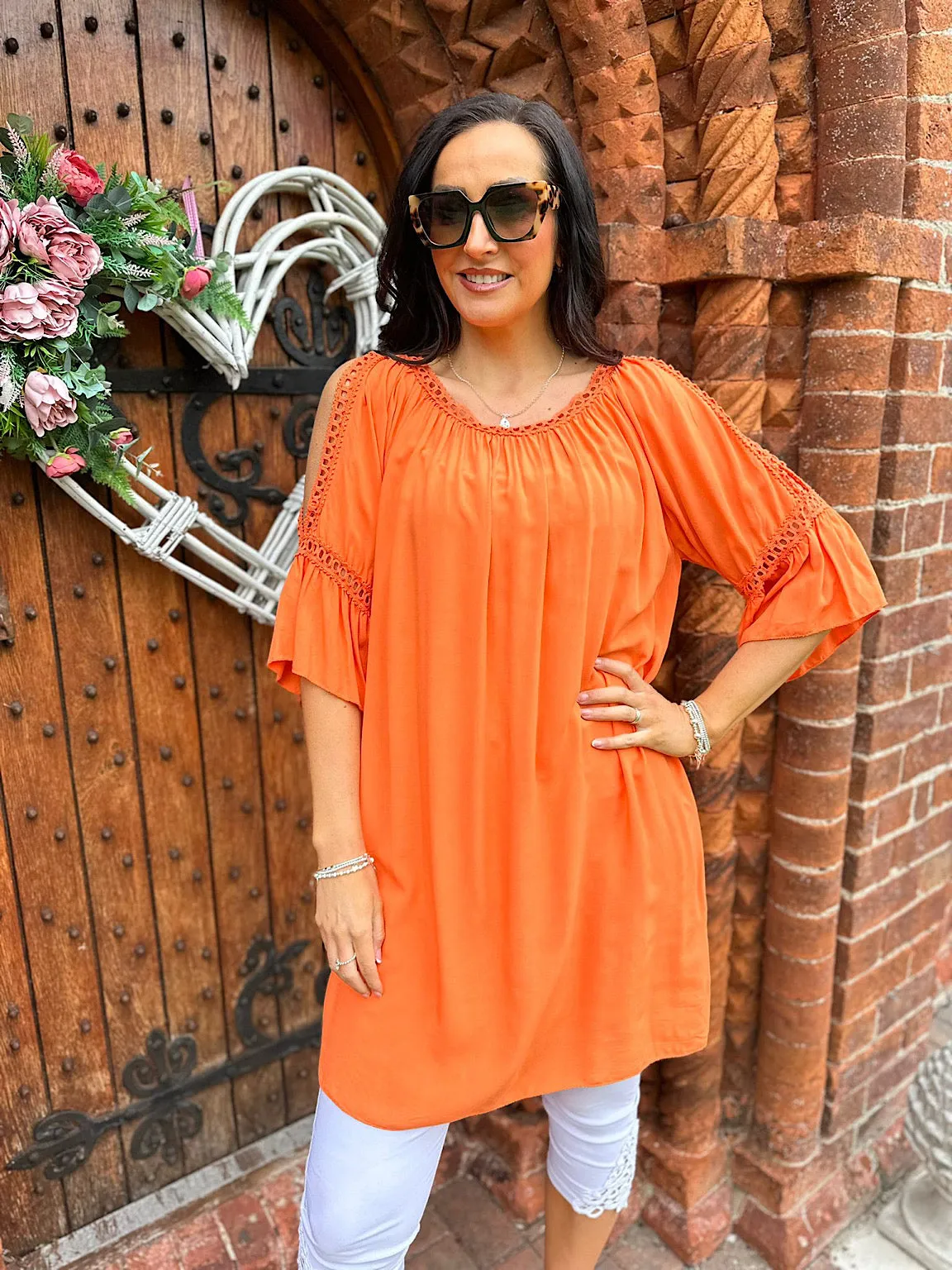 Orange Crochet Cold Shoulder Dress Monica