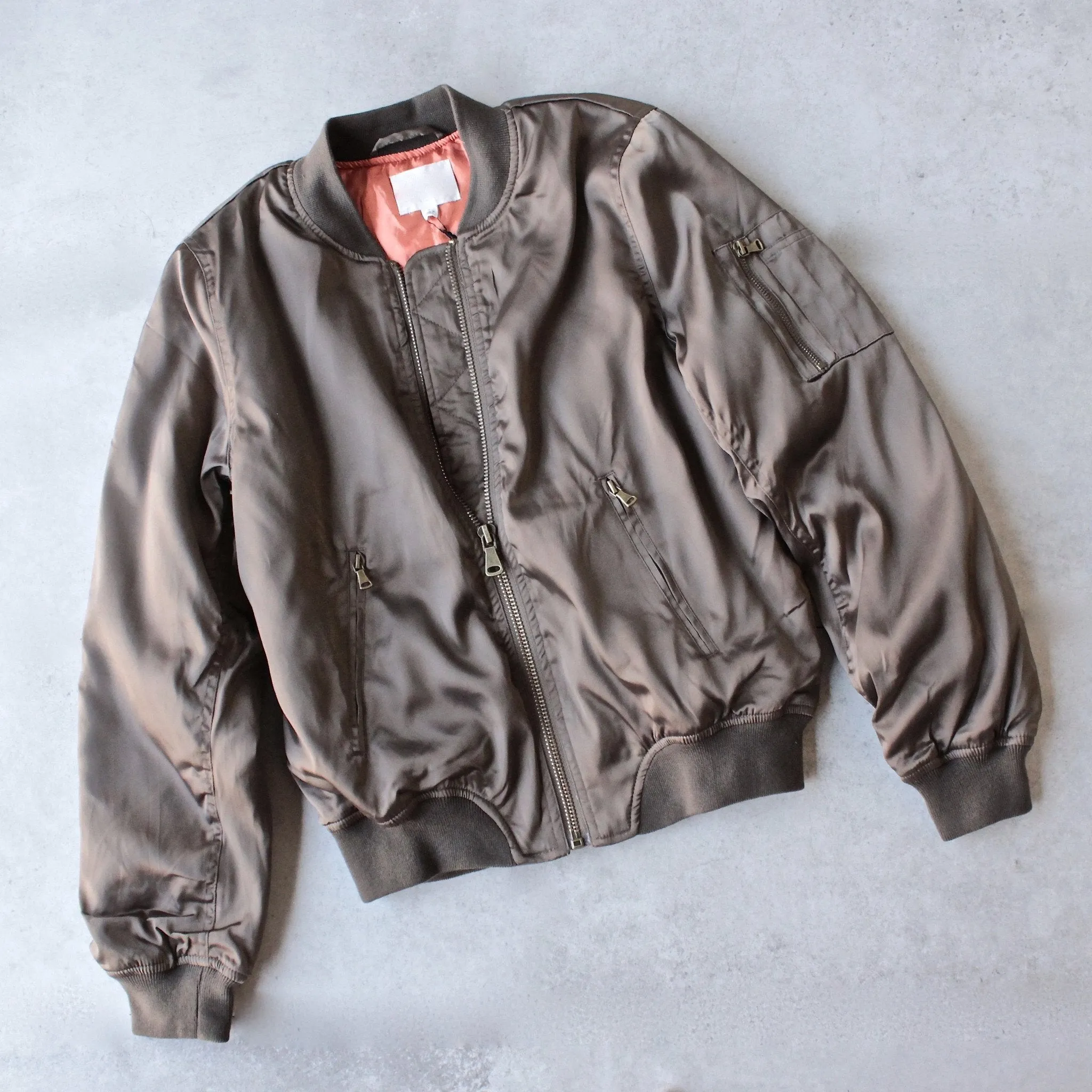 Padded Satin Bomber Jacket in Olive