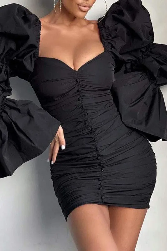 Puff Bell Sleeve Ruched Bodycon Dress