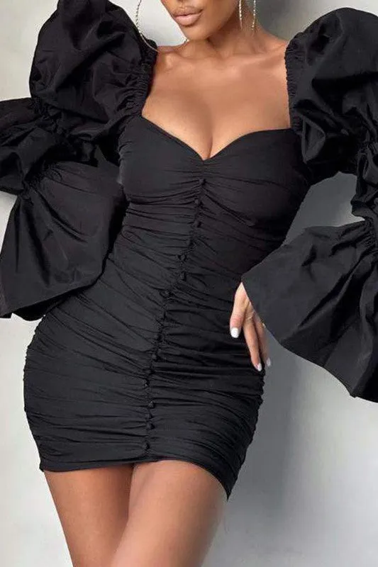 Puff Bell Sleeve Ruched Bodycon Dress