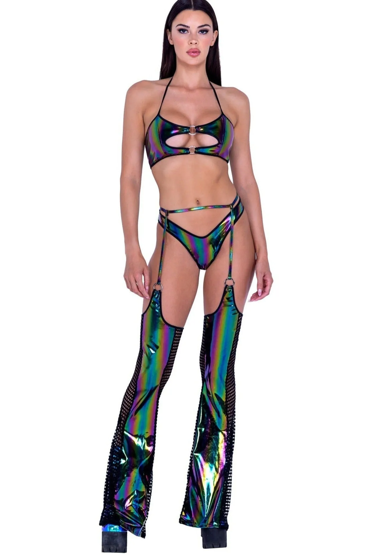 Rainbow Print Vinyl & Fishnet Chaps