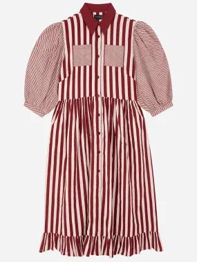 Red Stripe Puff Sleeve Pocket Shirt Dress