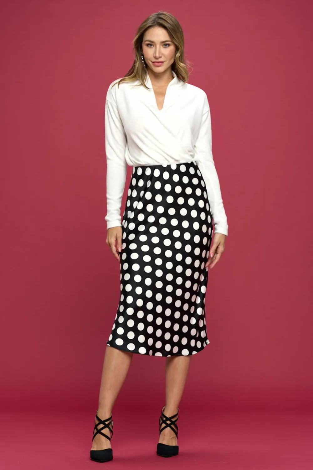 Renee Polka Dot Satin Midi Skirt