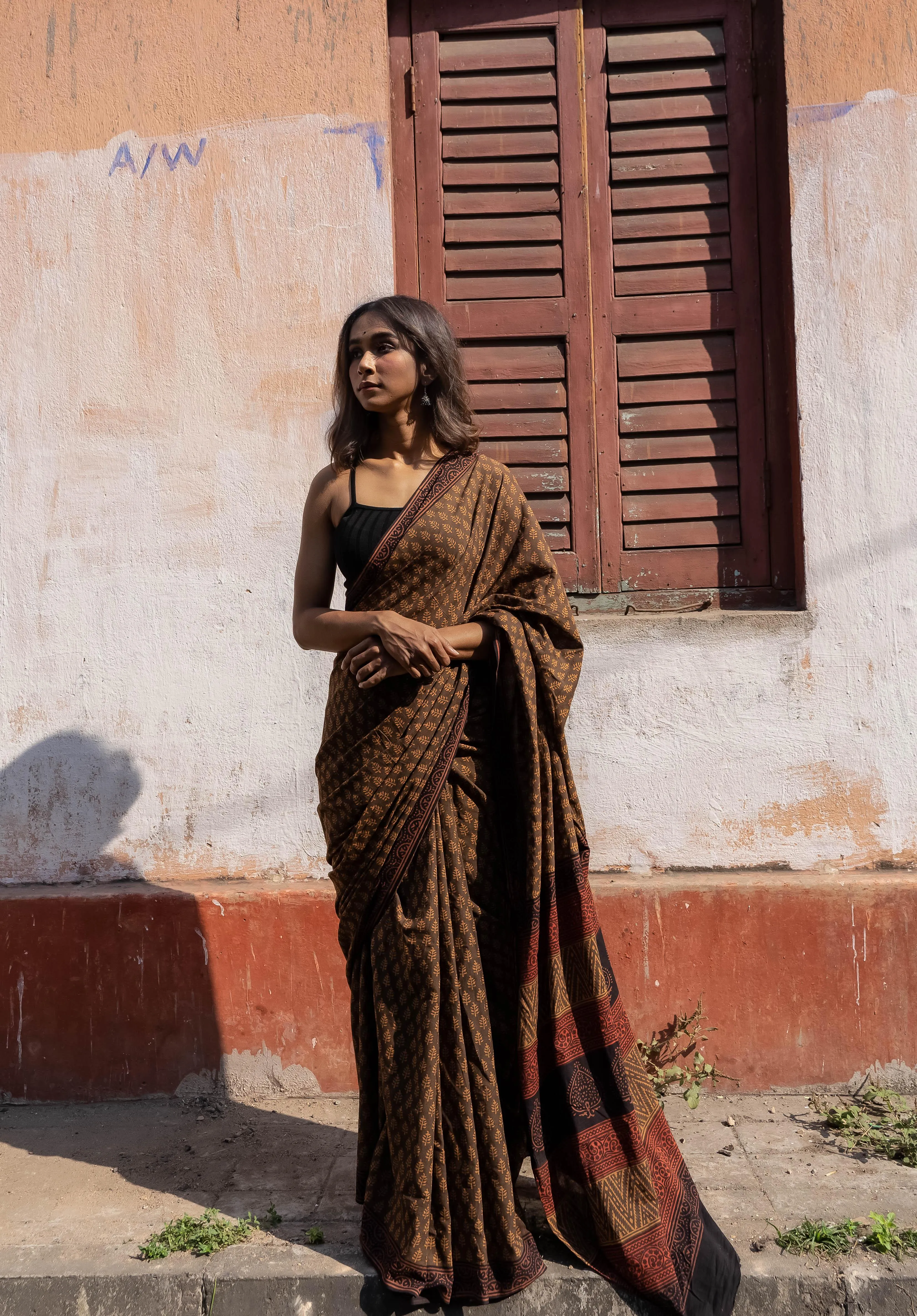 Roheda Brown Mughal Pine natural dyed handblock printed  Bagru saree