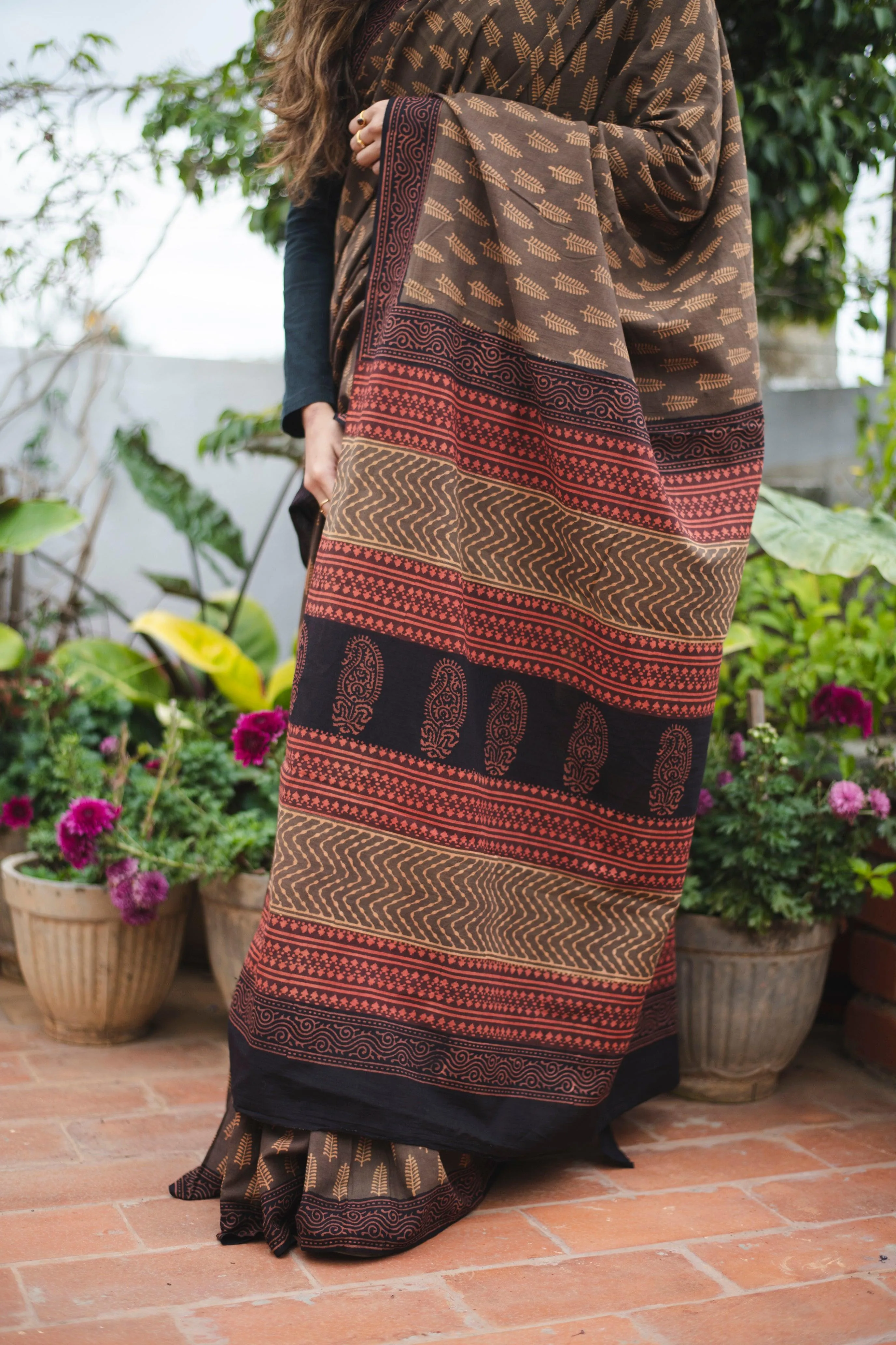 Roheda Brown natural dyed handblock printed  Bagru saree